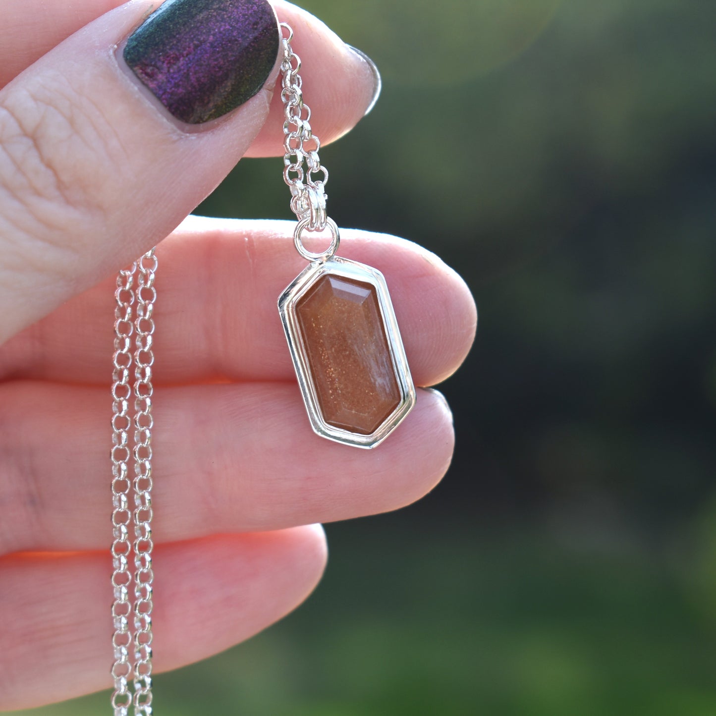 Stepped Hexagon Elongated Peach Moonstone Necklace
