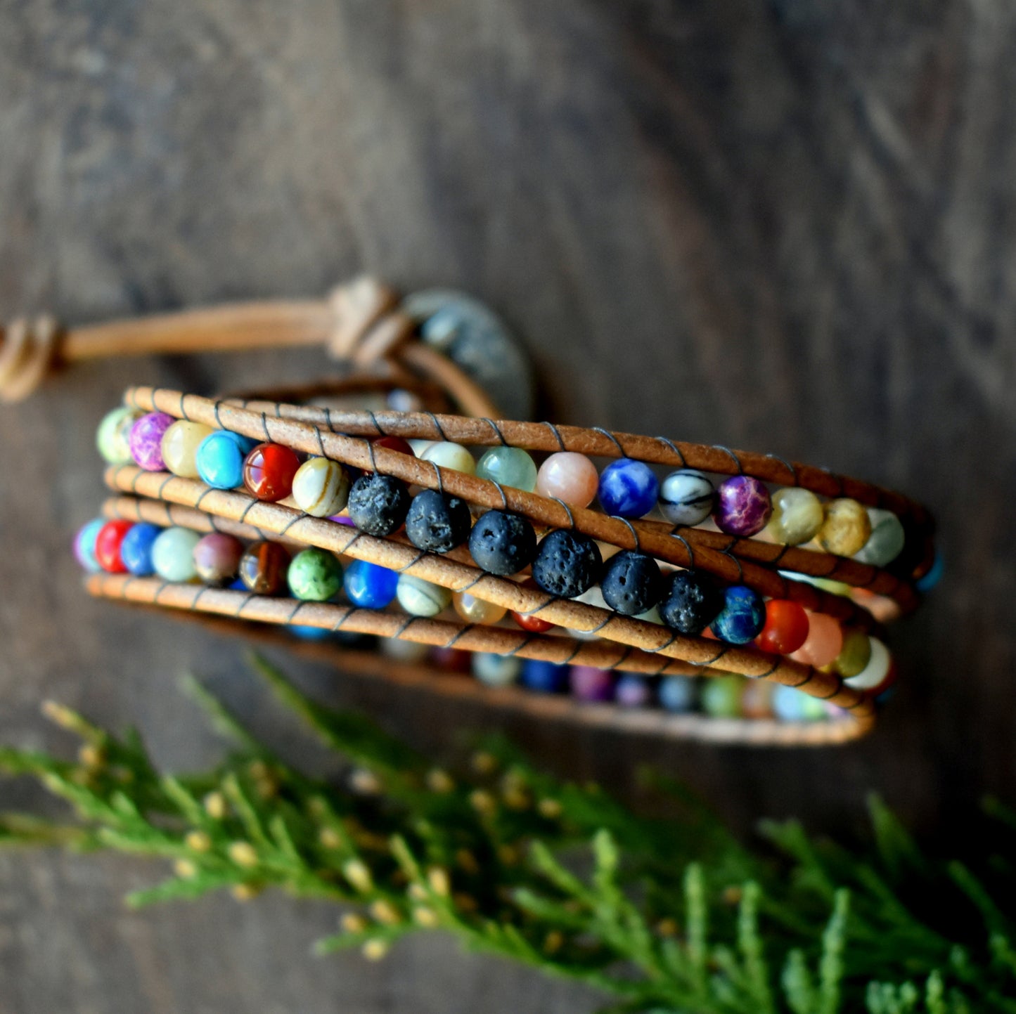 Multicolored Gemstone and Lava Bead Wrap Bracelet/Essential Oil Bracelet