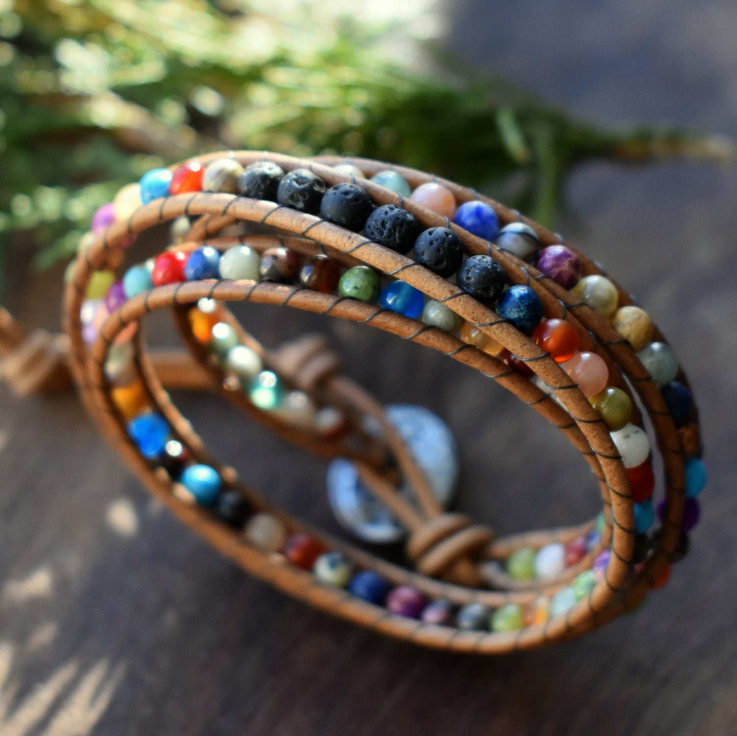 Multicolored Gemstone and Lava Bead Wrap Bracelet/Essential Oil Bracelet