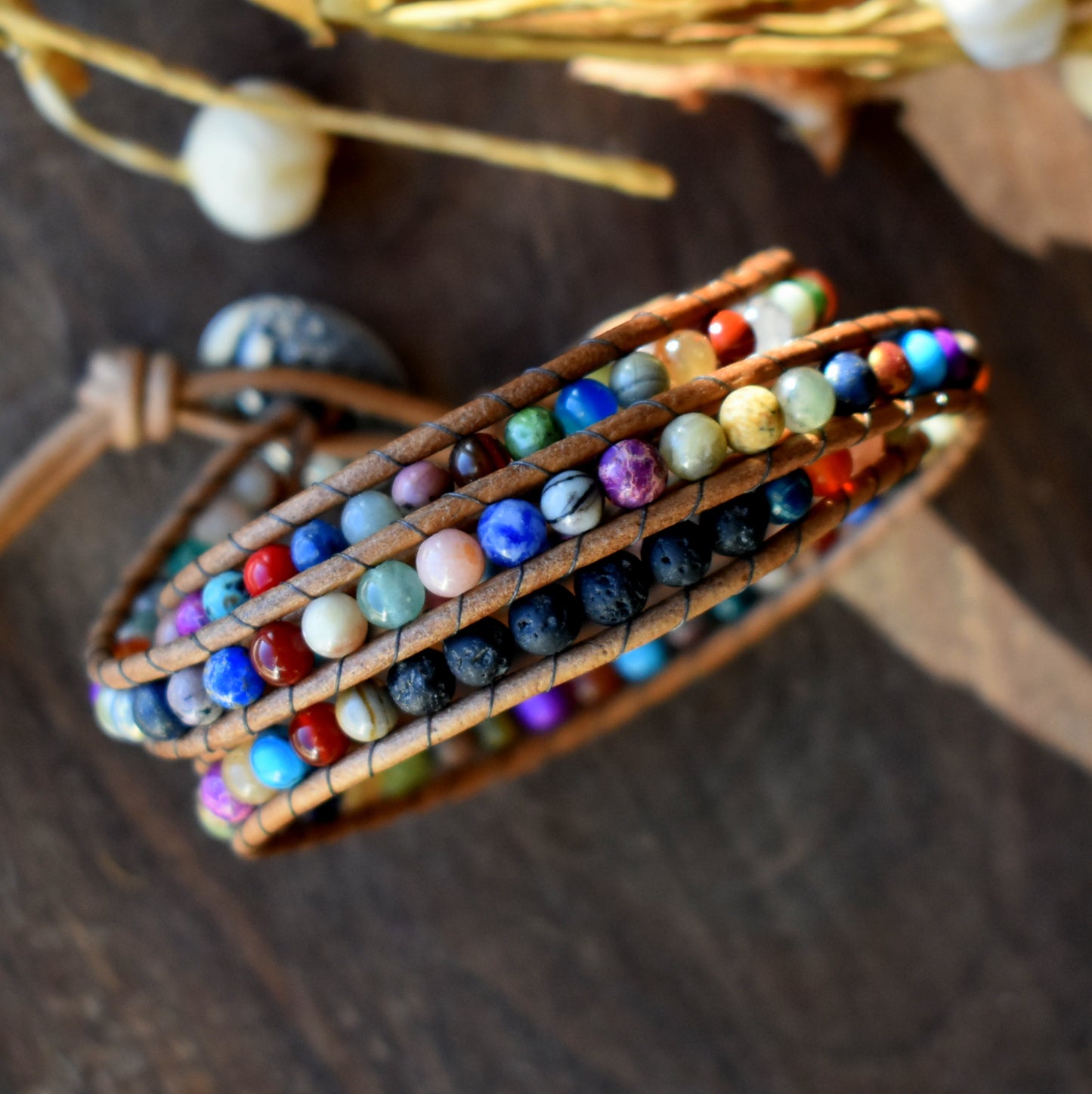 Multicolored Gemstone and Lava Bead Wrap Bracelet/Essential Oil Bracelet