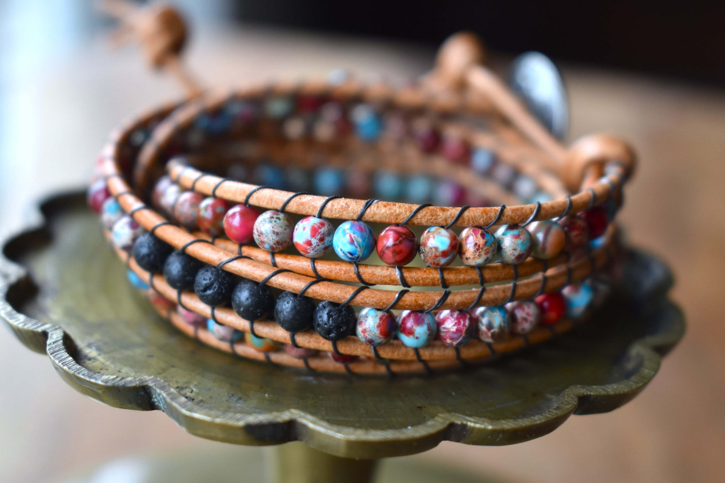 Red & Light Blue Sea Sediment Jasper and Lava Bead Wrap Bracelet // Essential Oil Bracelet // Leather Bracelet // Beaded Bracelet