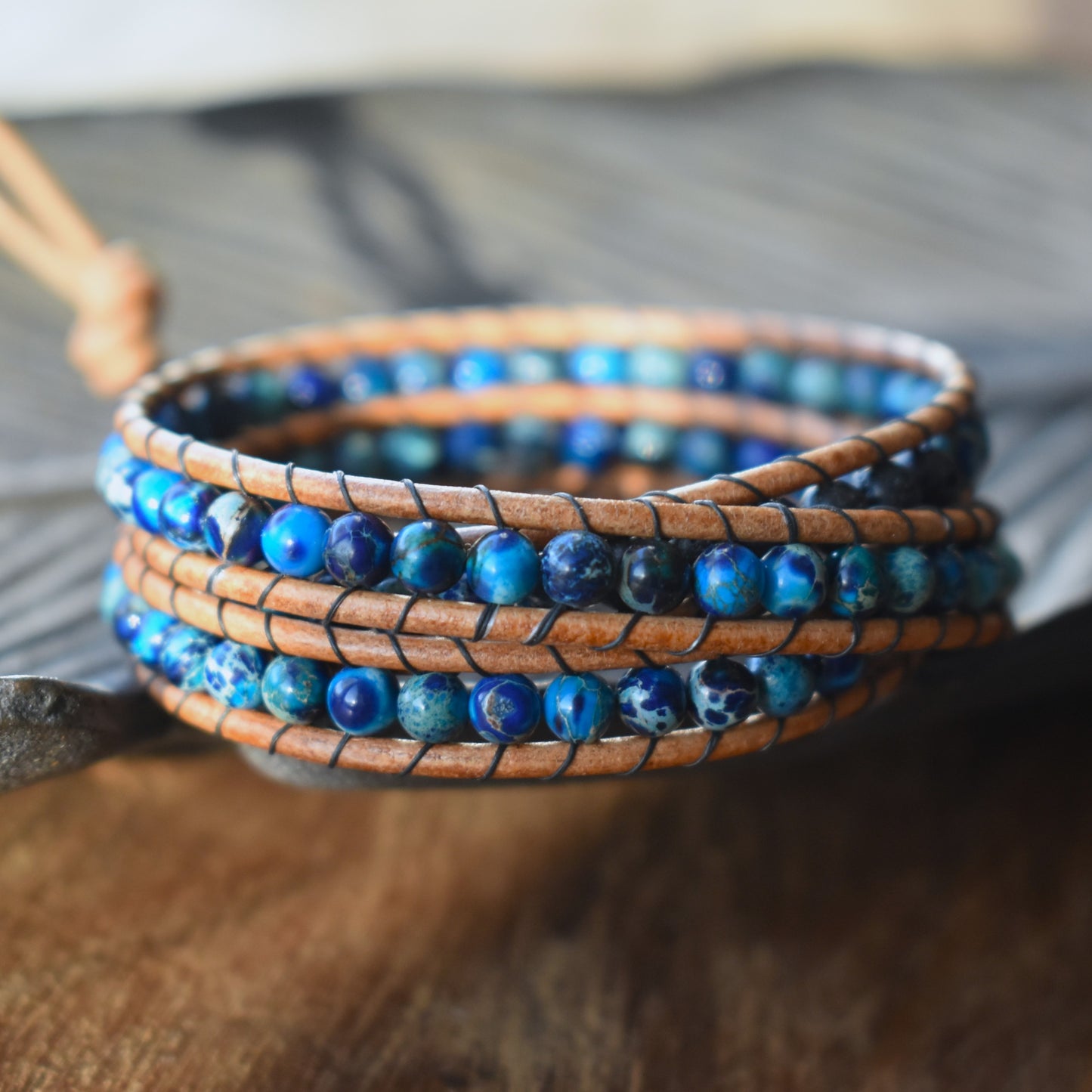 Deep Blue Sea Sediment Jasper and Lava Bead Wrap Bracelet // Essential Oil Bracelet // Leather Bracelet // Beaded Bracelet