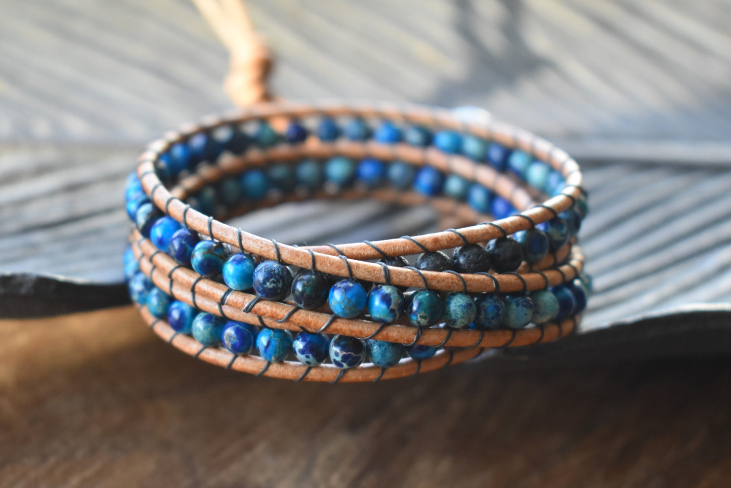 Deep Blue Sea Sediment Jasper and Lava Bead Wrap Bracelet // Essential Oil Bracelet // Leather Bracelet // Beaded Bracelet