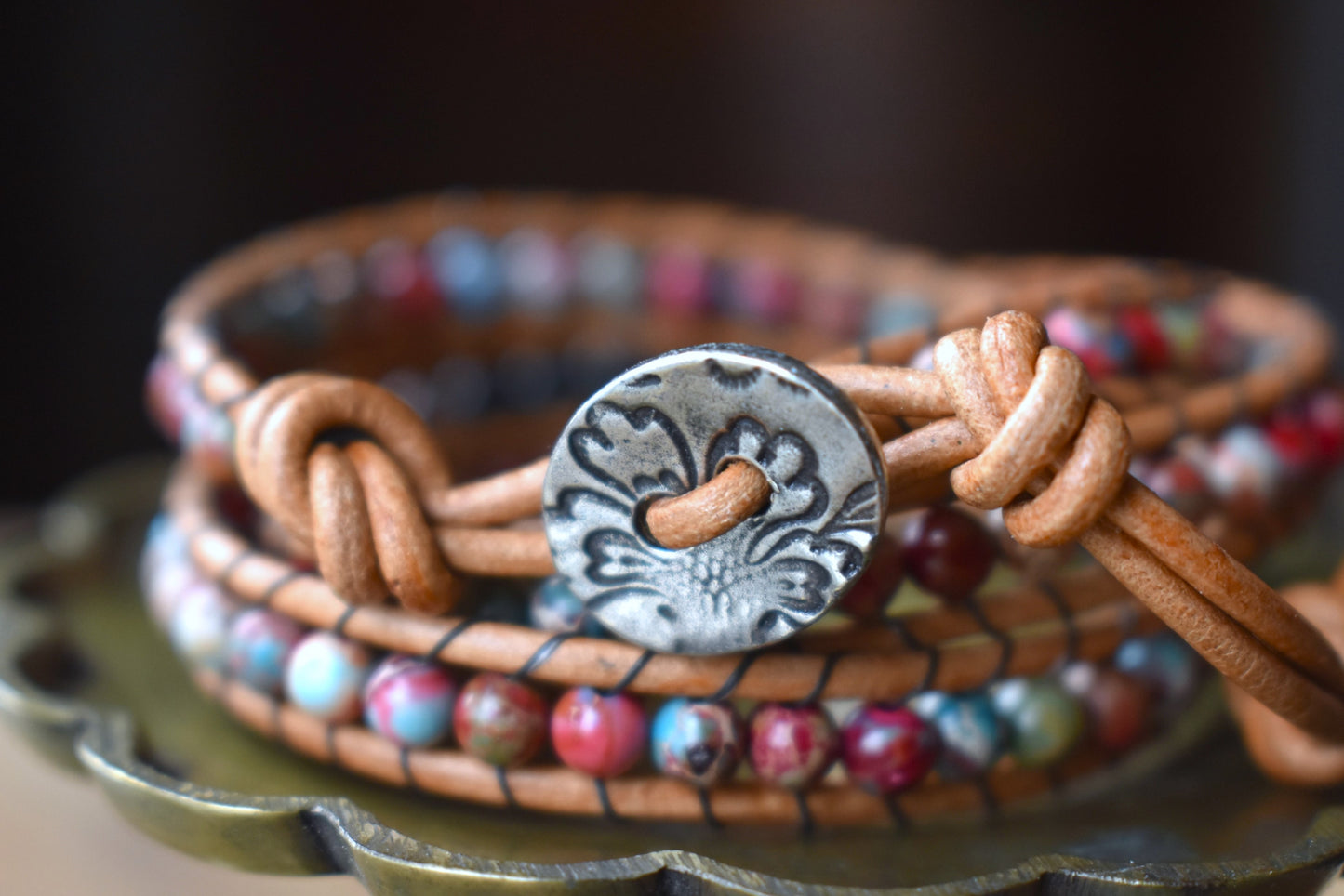 Red & Light Blue Sea Sediment Jasper and Lava Bead Wrap Bracelet // Essential Oil Bracelet // Leather Bracelet // Beaded Bracelet
