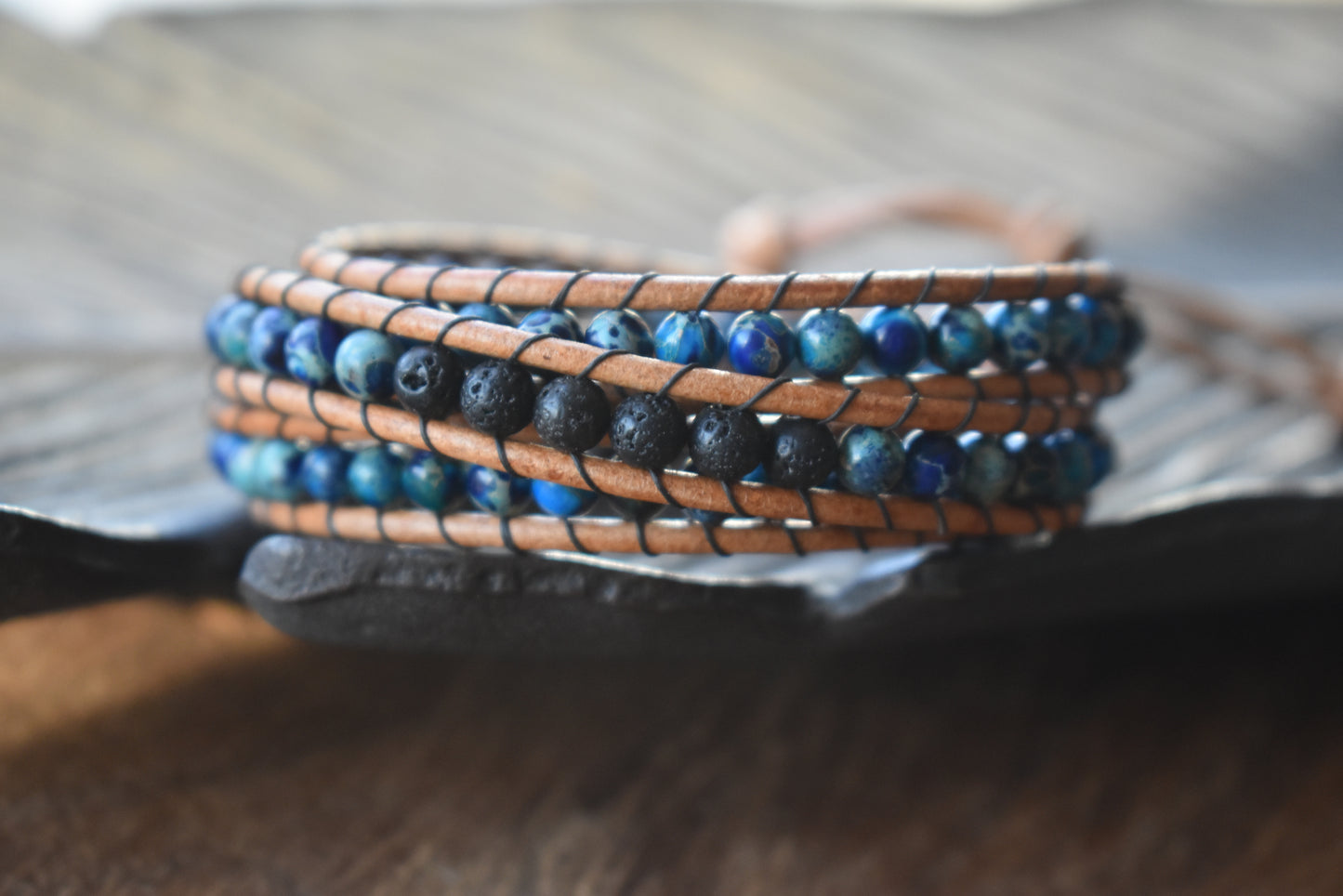 Deep Blue Sea Sediment Jasper and Lava Bead Wrap Bracelet // Essential Oil Bracelet // Leather Bracelet // Beaded Bracelet