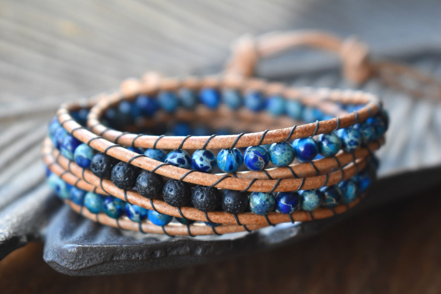 Deep Blue Sea Sediment Jasper and Lava Bead Wrap Bracelet // Essential Oil Bracelet // Leather Bracelet // Beaded Bracelet