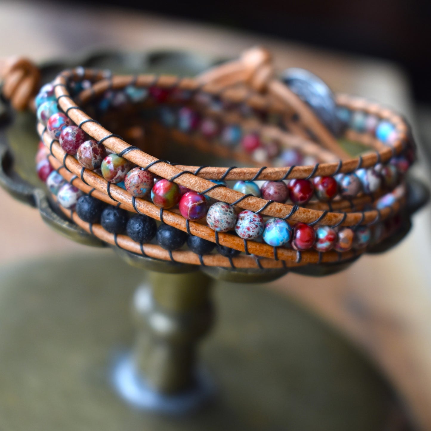 Red & Light Blue Sea Sediment Jasper and Lava Bead Wrap Bracelet // Essential Oil Bracelet // Leather Bracelet // Beaded Bracelet