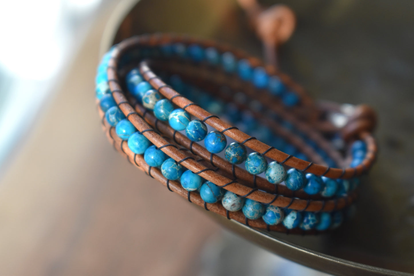 Blue Sea Sediment Imperial Jasper and Lava Bead Wrap Bracelet // Essential Oil Bracelet // Leather Bracelet // Beaded Bracelet