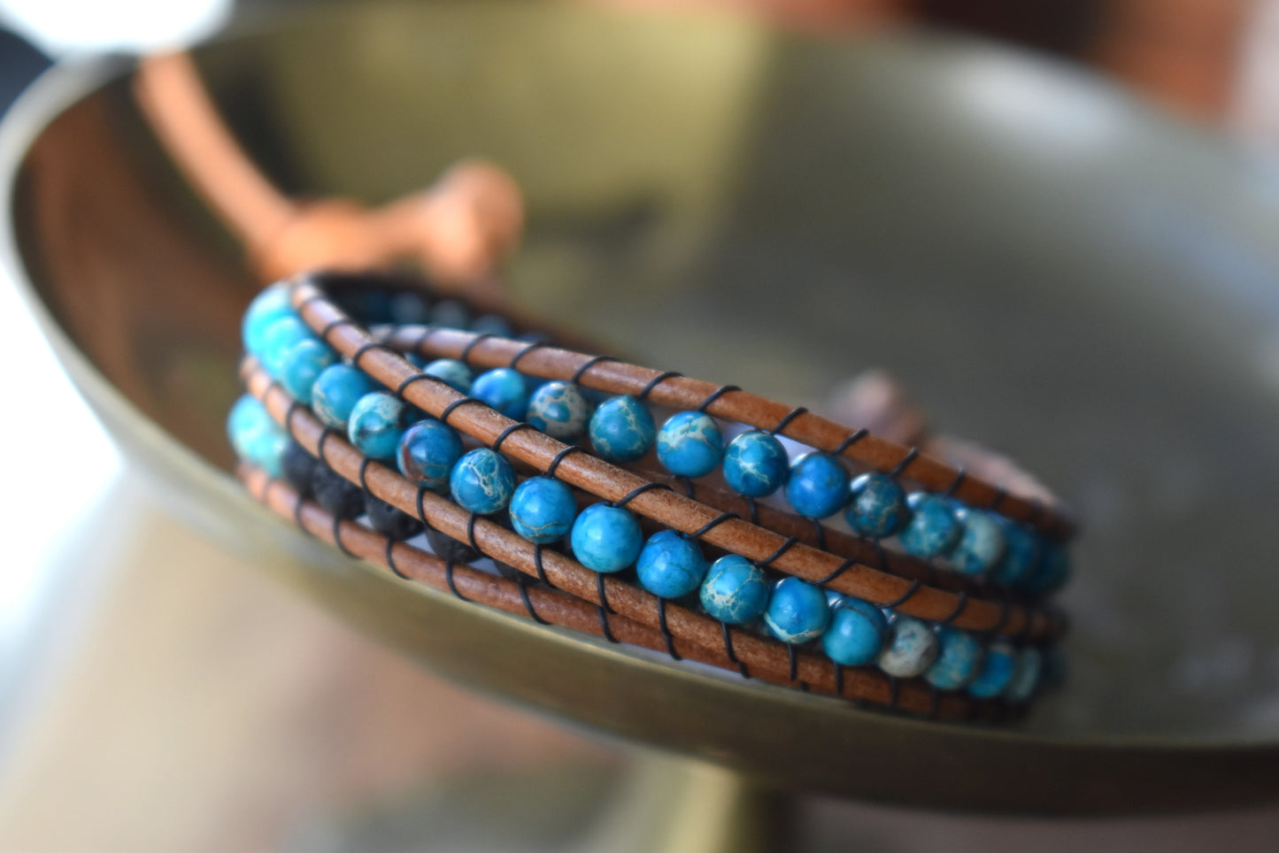 Blue Sea Sediment Imperial Jasper and Lava Bead Wrap Bracelet // Essential Oil Bracelet // Leather Bracelet // Beaded Bracelet