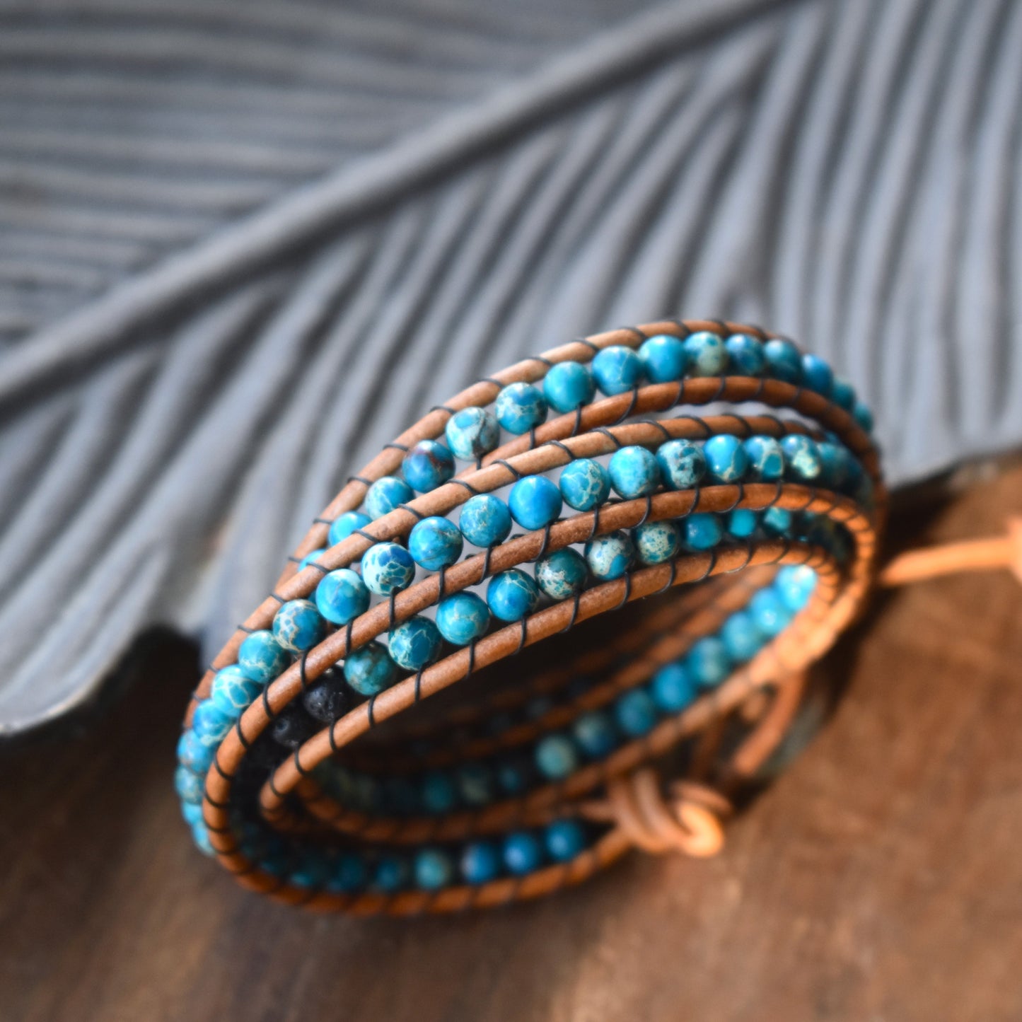 Blue Sea Sediment Imperial Jasper and Lava Bead Wrap Bracelet // Essential Oil Bracelet // Leather Bracelet // Beaded Bracelet