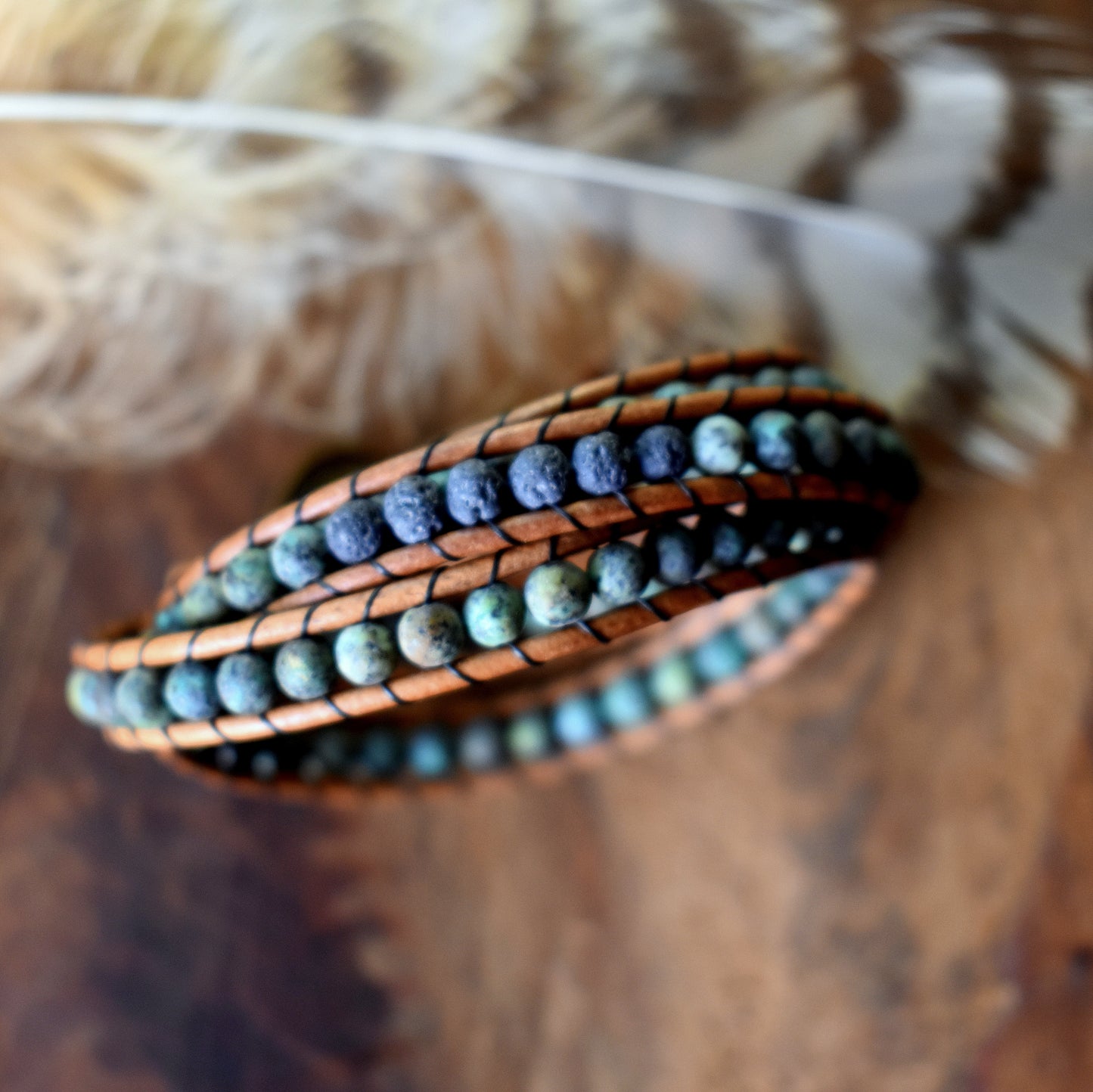 African Turquoise and Lava Bead Wrap Bracelet // Essential Oil Bracelet // Leather Bracelet // Beaded Bracelet