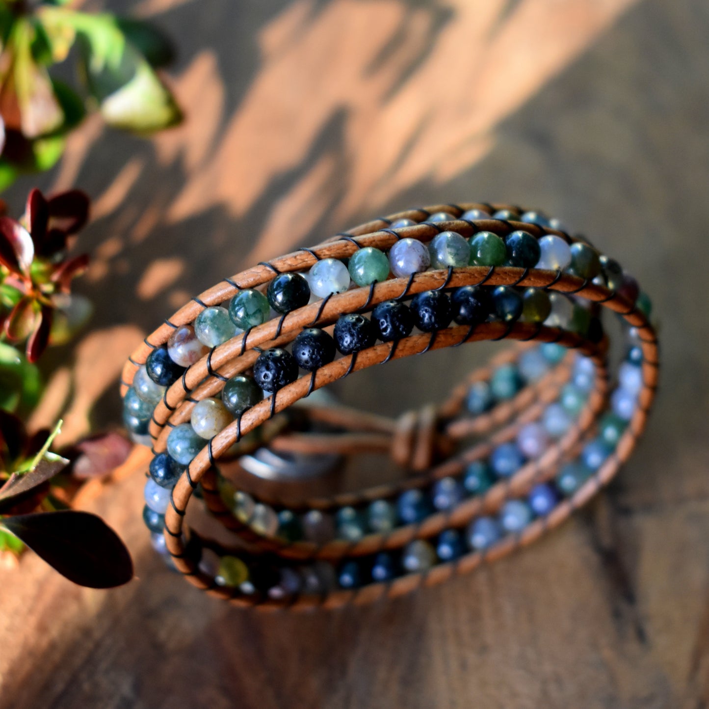 Agate and Lava Bead Wrap Bracelet // Essential Oil Bracelet // Leather Bracelet // Beaded Bracelet