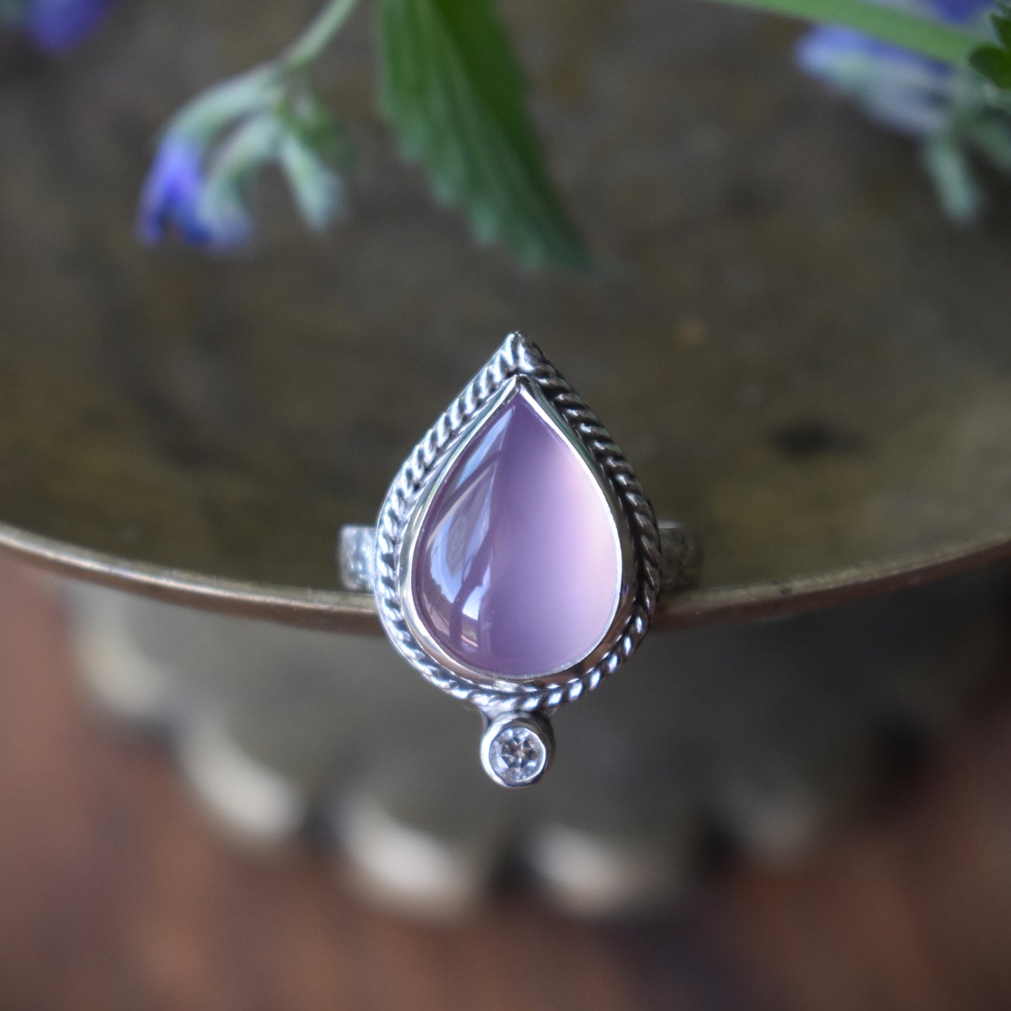 Lilac Chalcedony & White Topaz Double Stone Ring - size 7.5