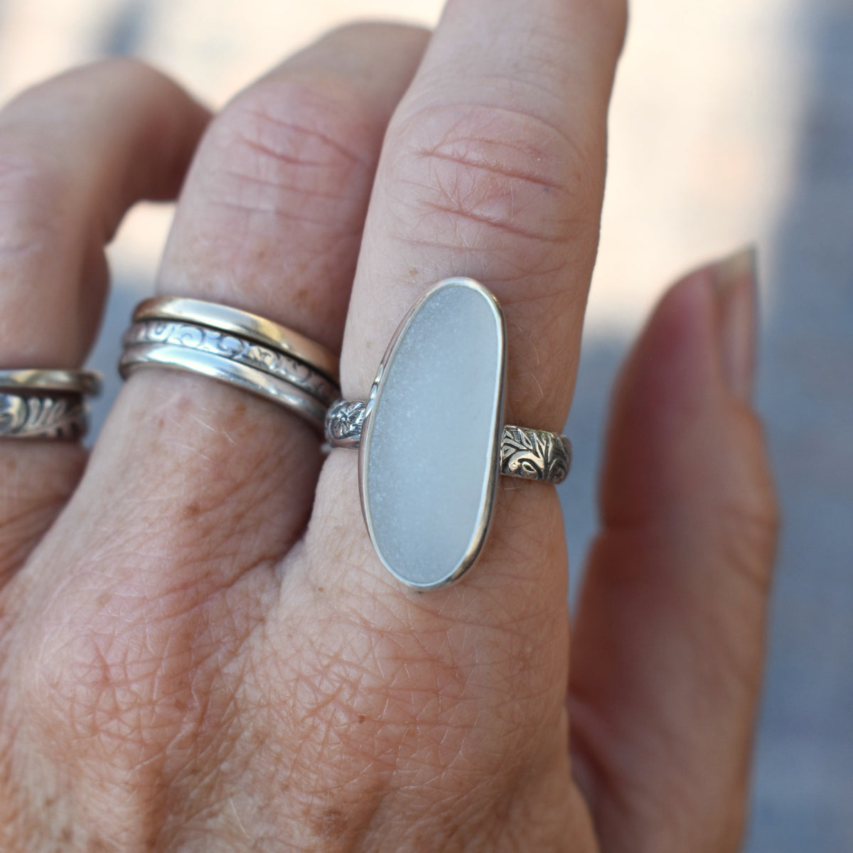 Authentic Weathered Sea Glass Ring - White - size 8