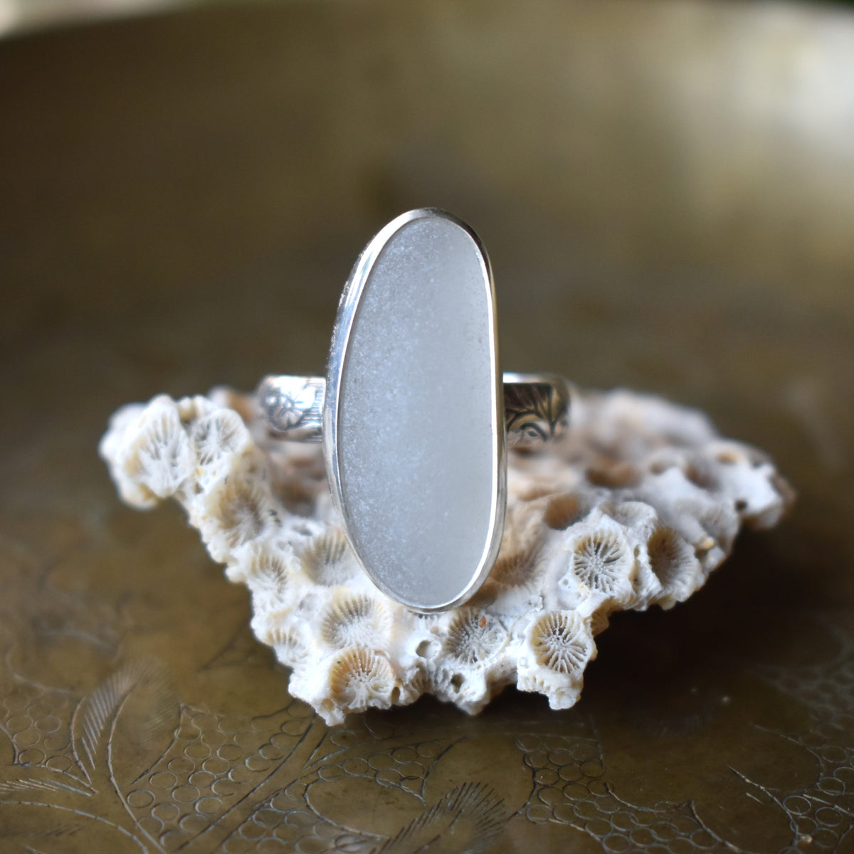 Authentic Weathered Sea Glass Ring - White - size 8
