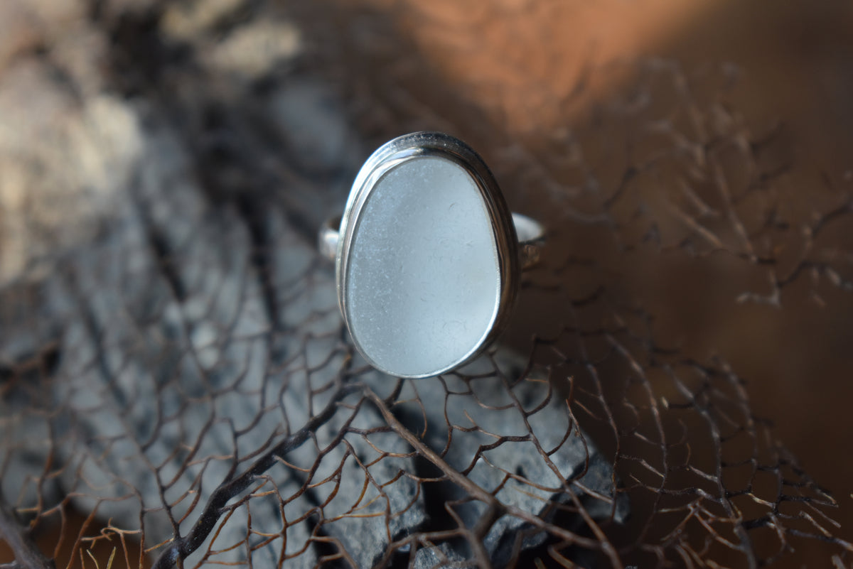 Authentic Weathered Sea Glass Ring - White - size 7.25