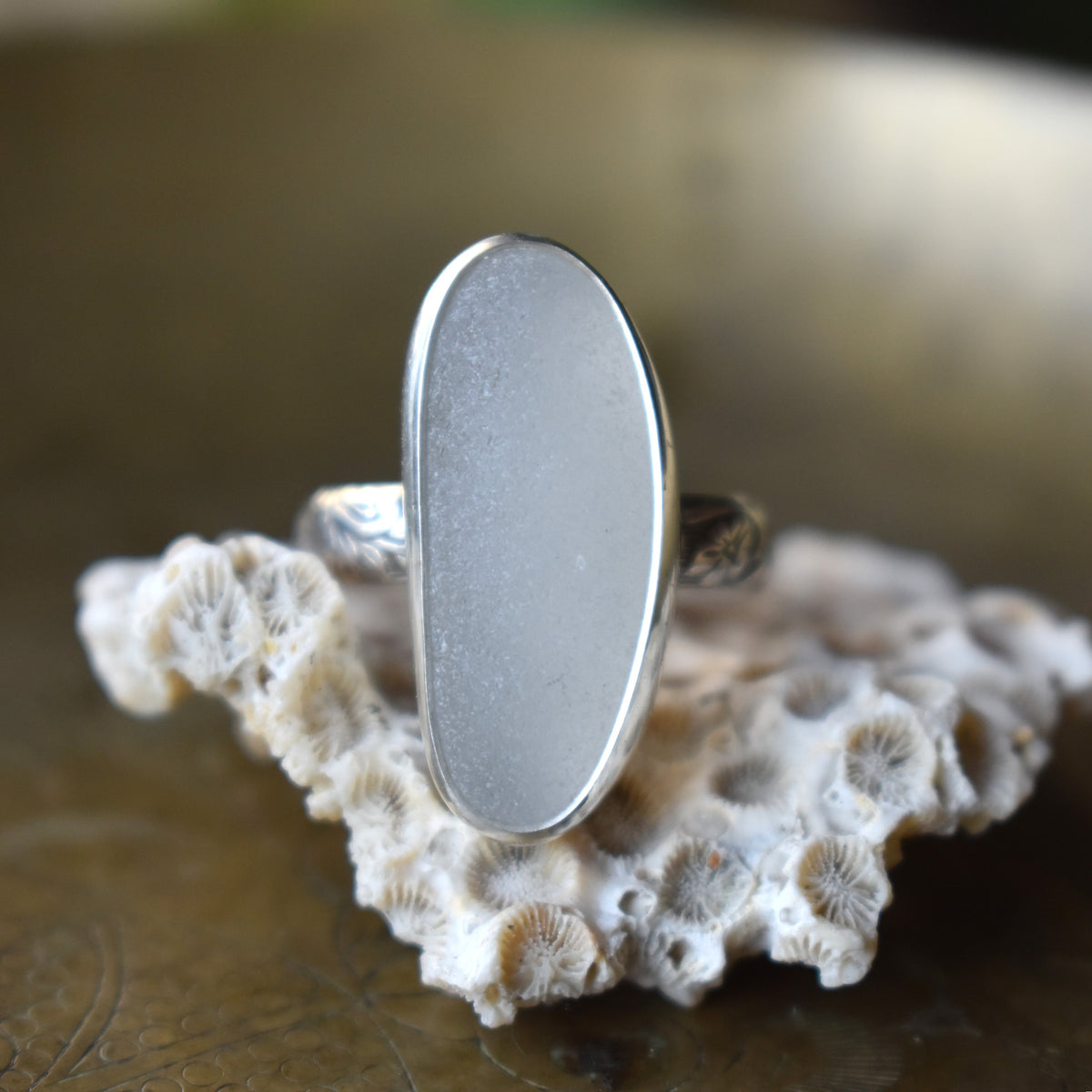 Authentic Weathered Sea Glass Ring - White - size 8
