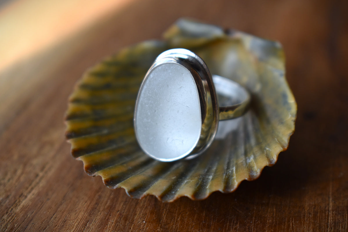 Authentic Weathered Sea Glass Ring - White - size 7.25
