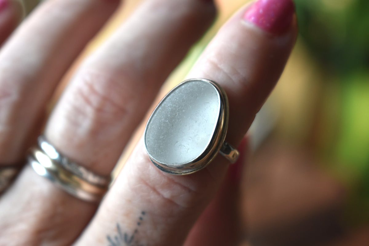Authentic Weathered Sea Glass Ring - White - size 7.25