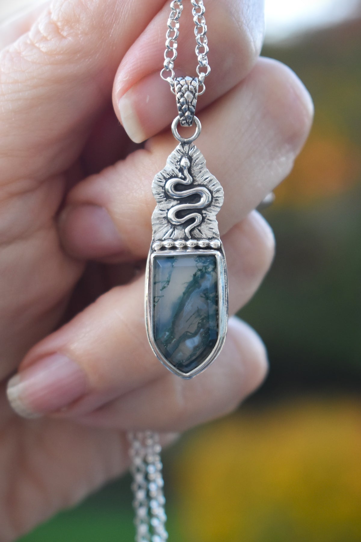 Moss Agate & Serpent Necklace