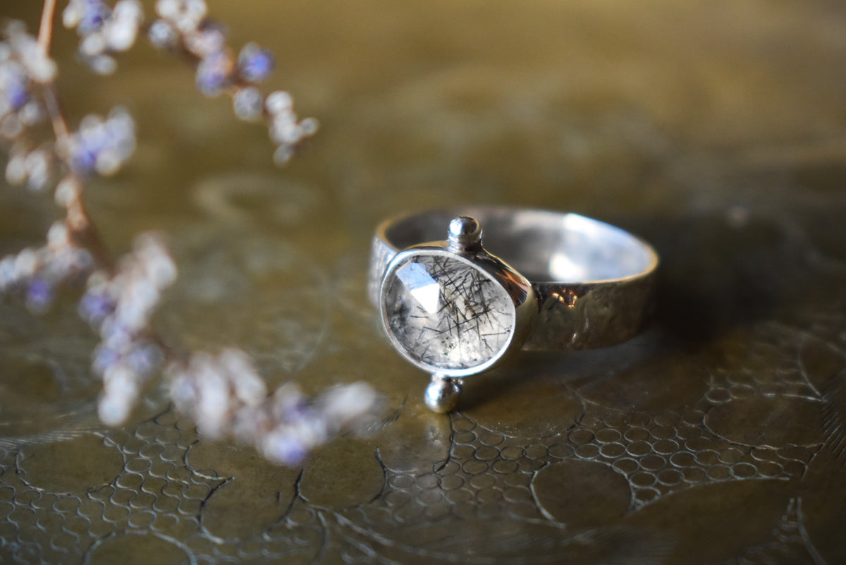 Faceted Natural Tourmalinated Quartz Tablet Ring - size 7