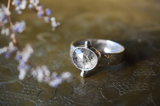 Faceted Natural Tourmalinated Quartz Tablet Ring - size 7