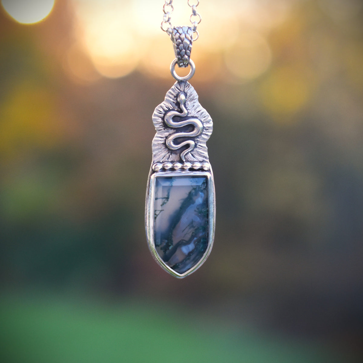 Moss Agate & Serpent Necklace