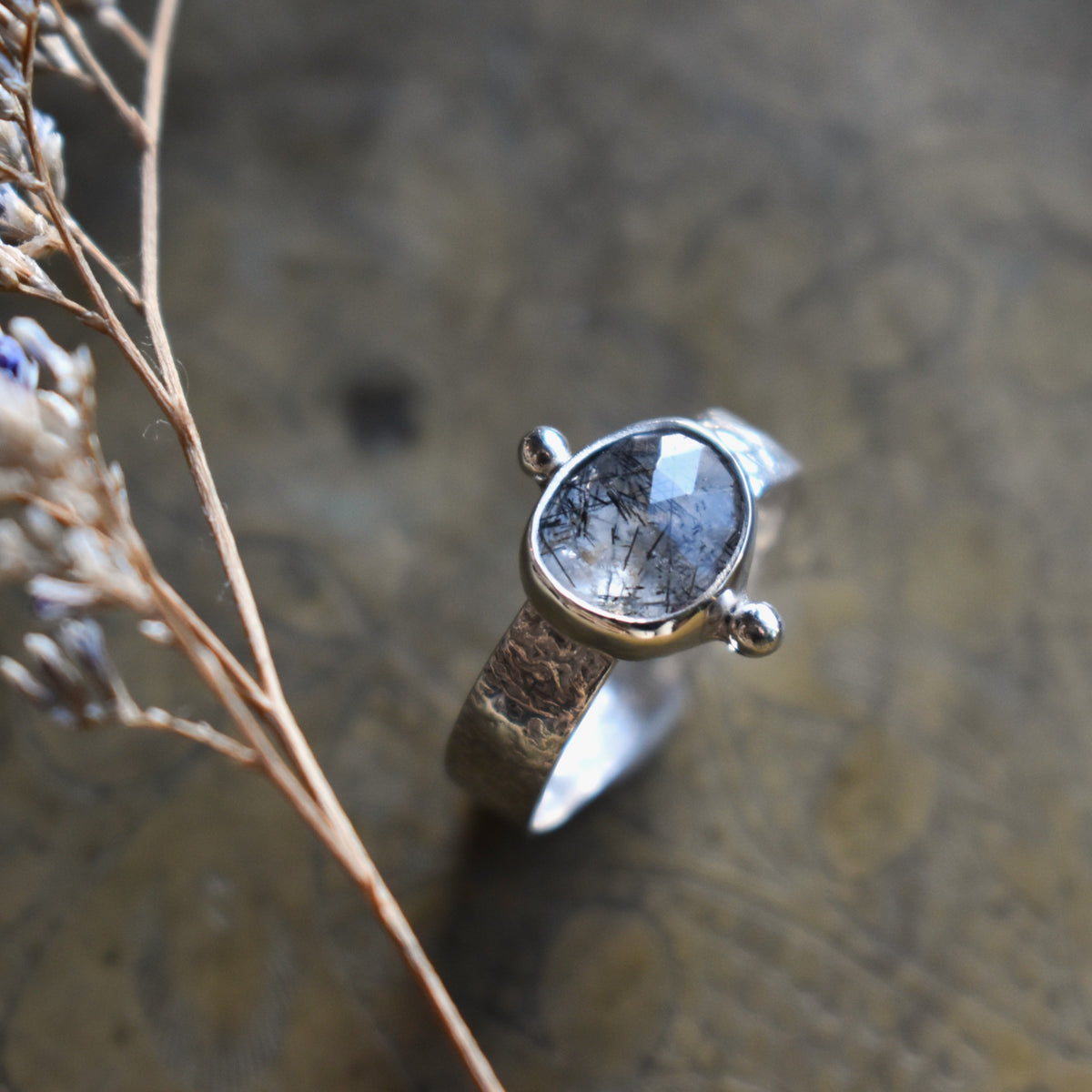 Faceted Natural Tourmalinated Quartz Tablet Ring - size 7