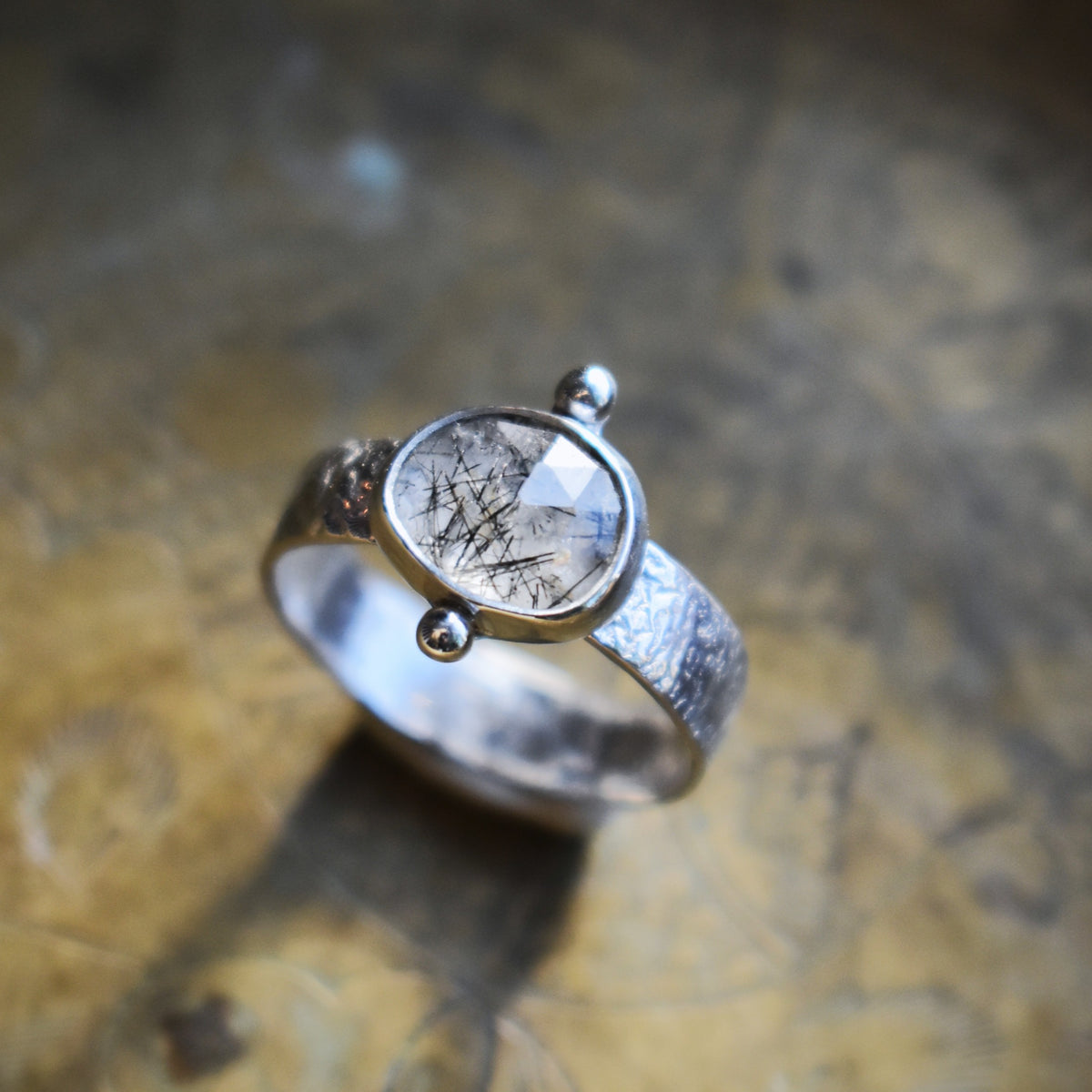 Faceted Natural Tourmalinated Quartz Tablet Ring - size 7