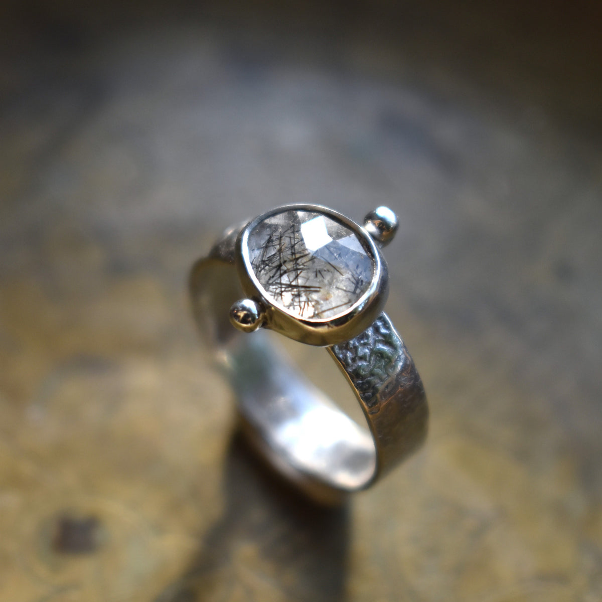 Faceted Natural Tourmalinated Quartz Tablet Ring - size 7
