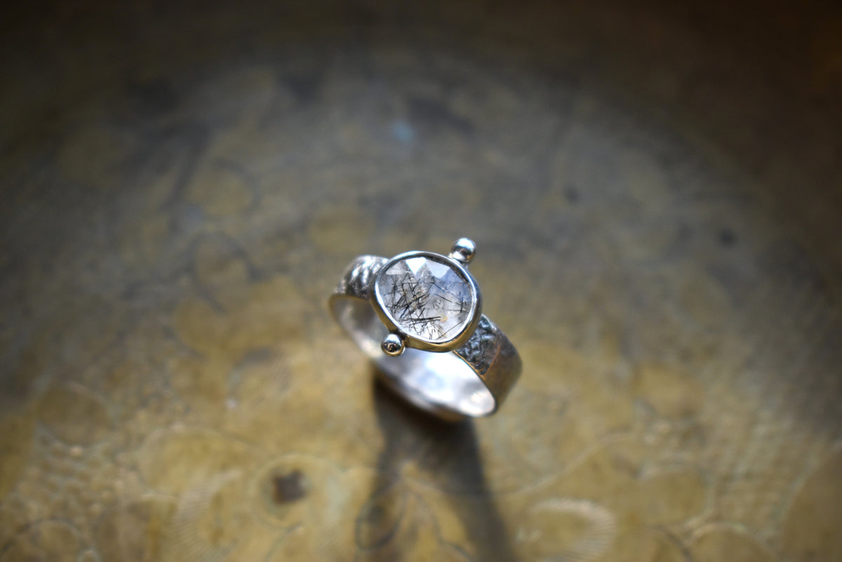 Faceted Natural Tourmalinated Quartz Tablet Ring - size 7
