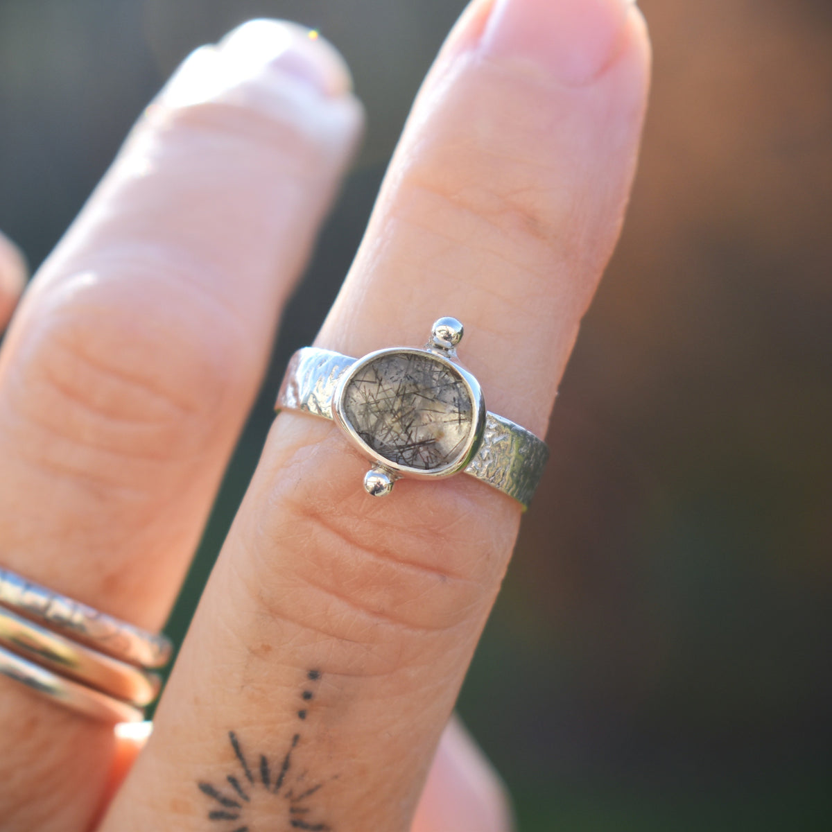 Faceted Natural Tourmalinated Quartz Tablet Ring - size 7