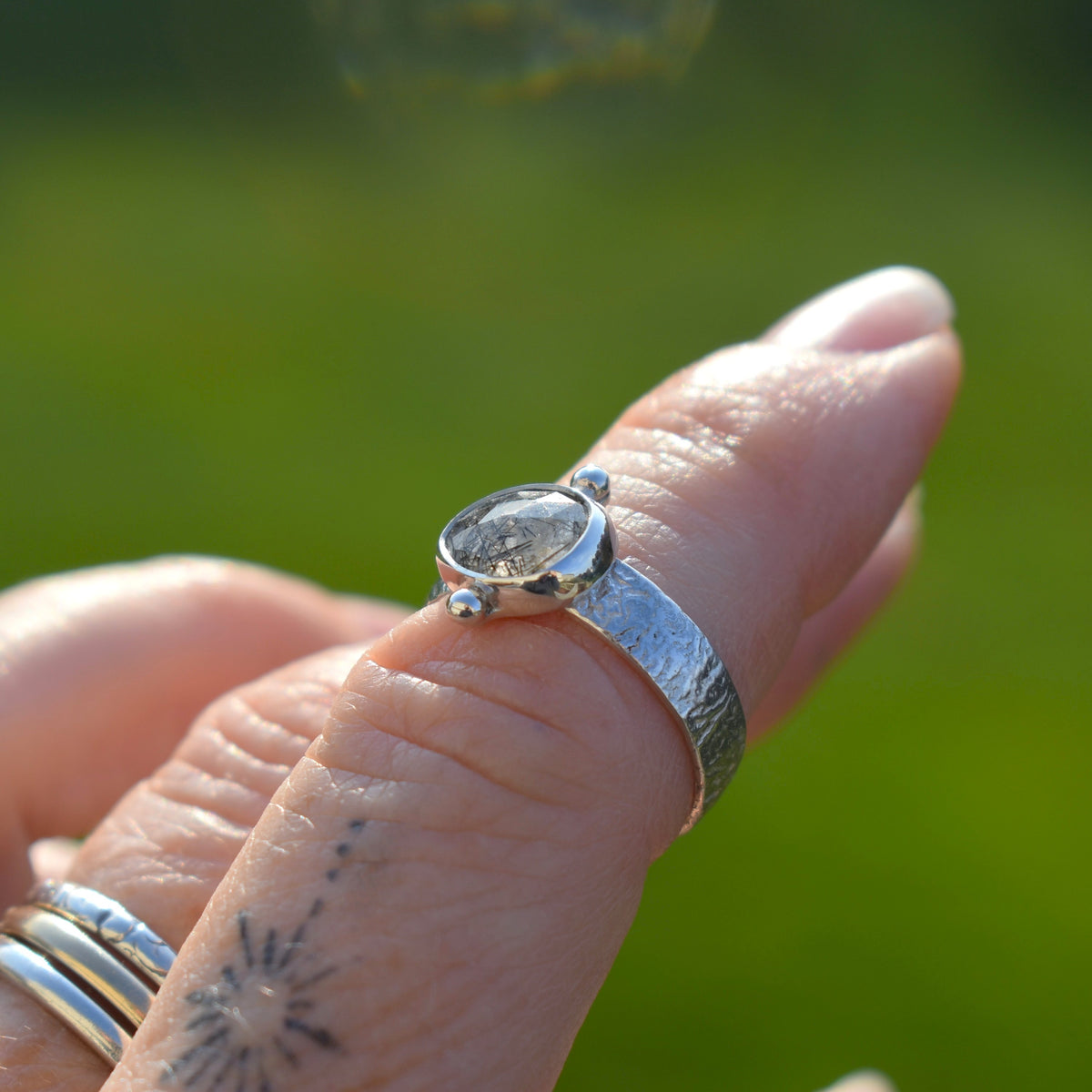 Faceted Natural Tourmalinated Quartz Tablet Ring - size 7