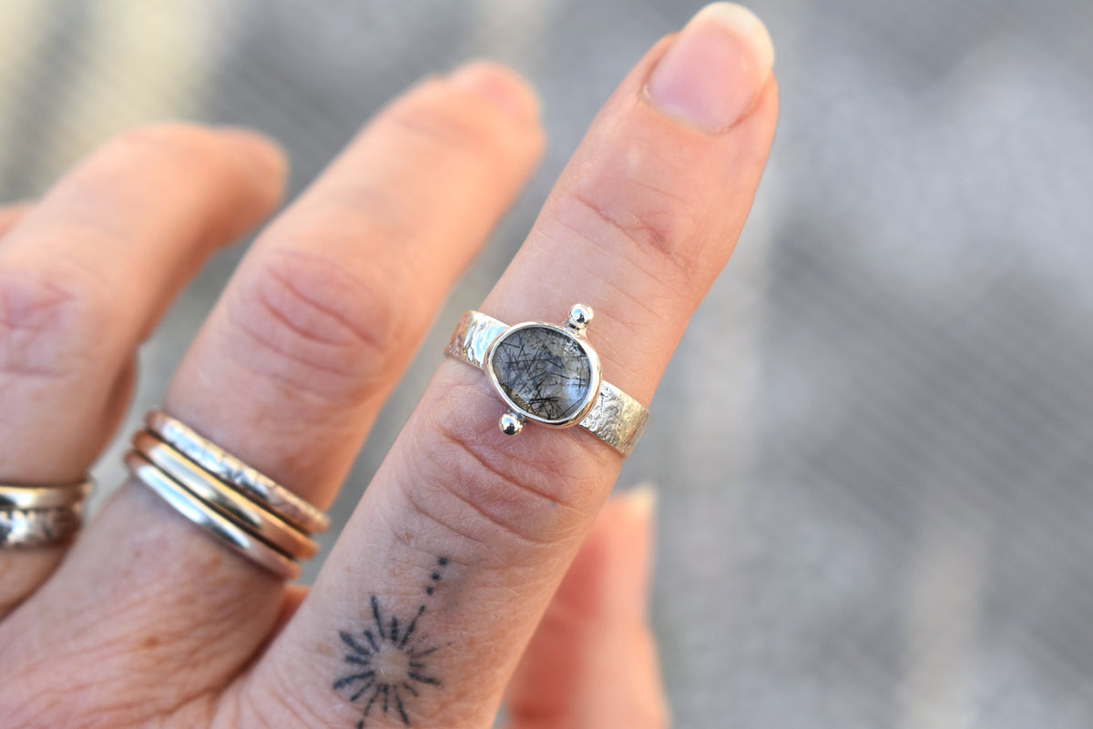 Faceted Natural Tourmalinated Quartz Tablet Ring - size 7