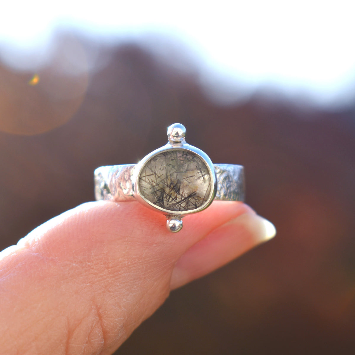 Faceted Natural Tourmalinated Quartz Tablet Ring - size 7