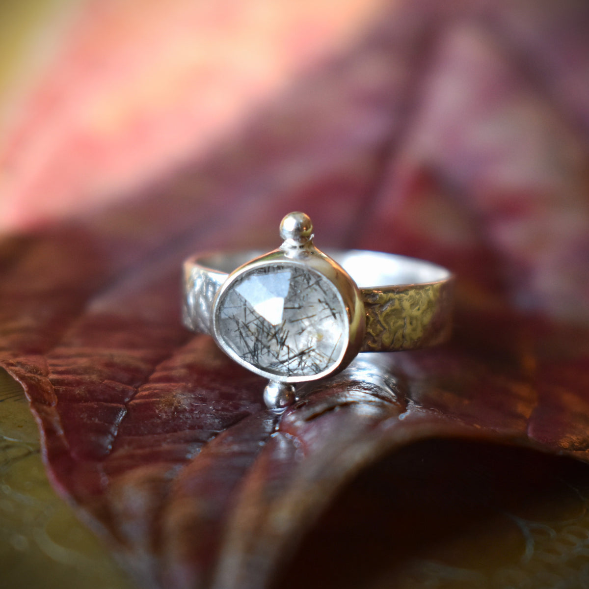 Faceted Natural Tourmalinated Quartz Tablet Ring - size 7