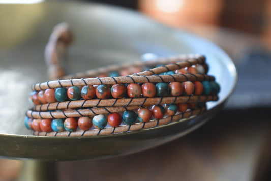 Orange and Blue Rain Flower Jasper // Lava Bead Wrap Bracelet // Essential Oil Bracelet // Leather Bracelet // Beaded Bracelet (Copy)