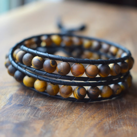 Tiger Eye Bead Wrap Bracelet for Men // Men's Bracelet // Leather Bracelet // Beaded Bracelet