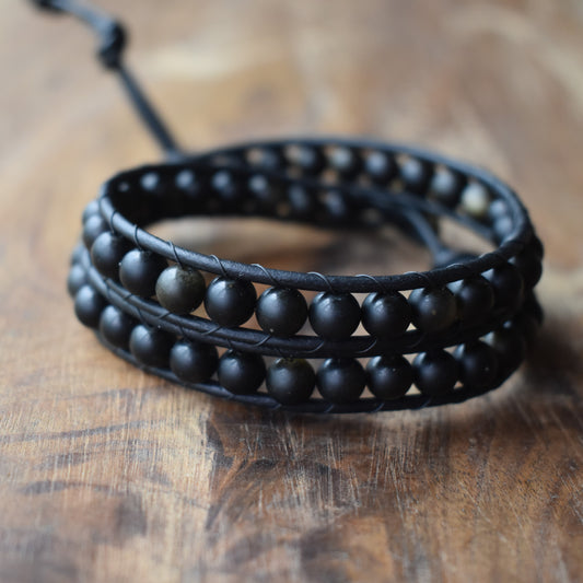 Natural Golden Sheen Obsidian Bead Wrap Bracelet for Men // Men's Bracelet // Leather Bracelet // Beaded Bracelet