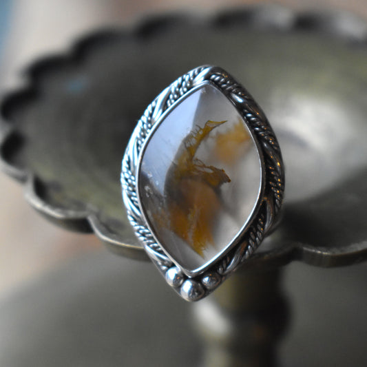 Priday Thunderegg Moss Agate Statement Ring - size 8.5