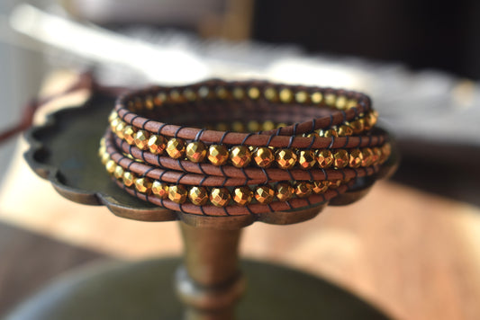 Gold Tone Faceted Hematite Wrap Bracelet // Leather Bracelet // Beaded Bracelet