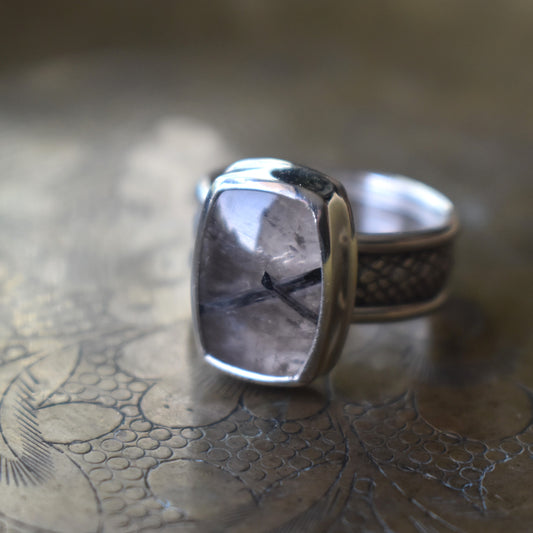 Quartz with Black Tourmaline Snakeskin Ring - size 7.5