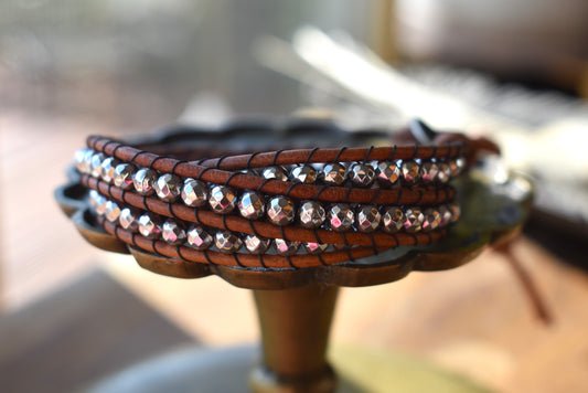 Silver Tone Faceted Hematite Wrap Bracelet // Leather Bracelet // Beaded Bracelet