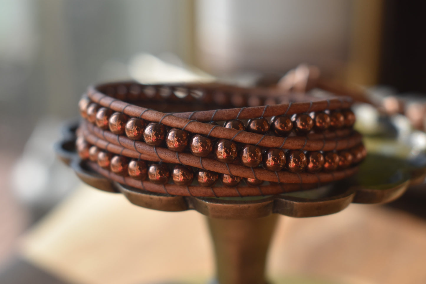 Chocolate Tone Hematite Wrap Bracelet // Leather Bracelet // Beaded Bracelet