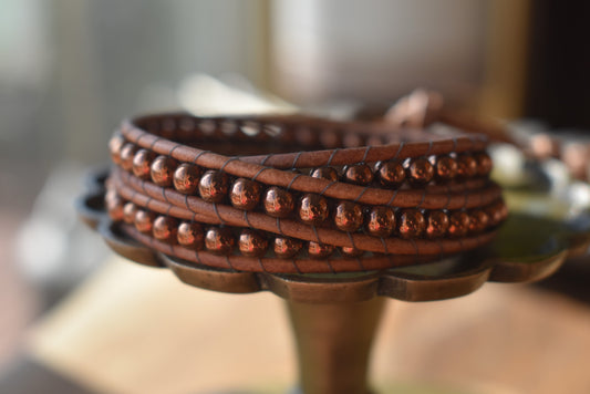 Chocolate Tone Hematite Wrap Bracelet // Leather Bracelet // Beaded Bracelet