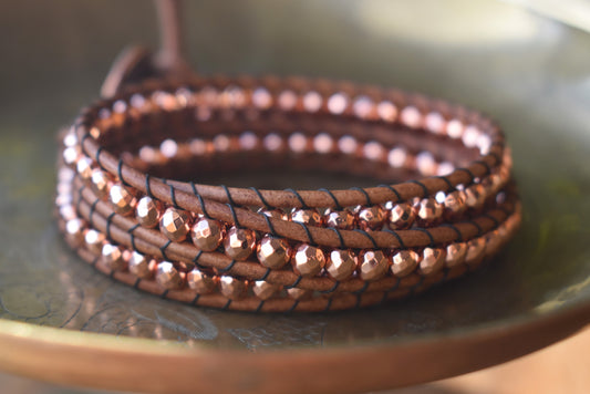 Copper/Rose Gold Tone Faceted Hematite Wrap Bracelet // Leather Bracelet // Beaded Bracelet