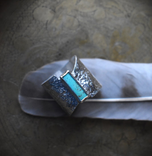 Elongated Turquoise Reticulated Band Ring - size 8