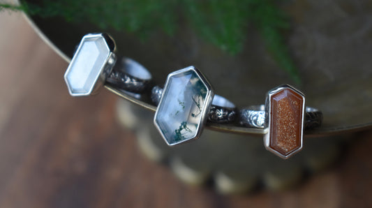 Hexagon Rings *Moonstone/Moss Agate* - Sizes 6, 8 & 7.5