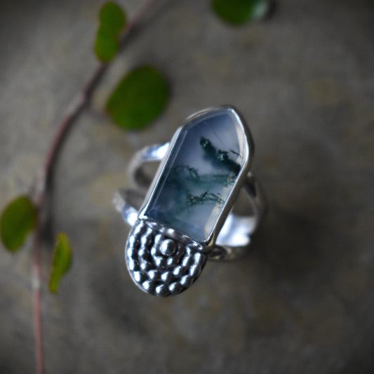 Moss Agate Stepped Cathedral Ring - size 8.5