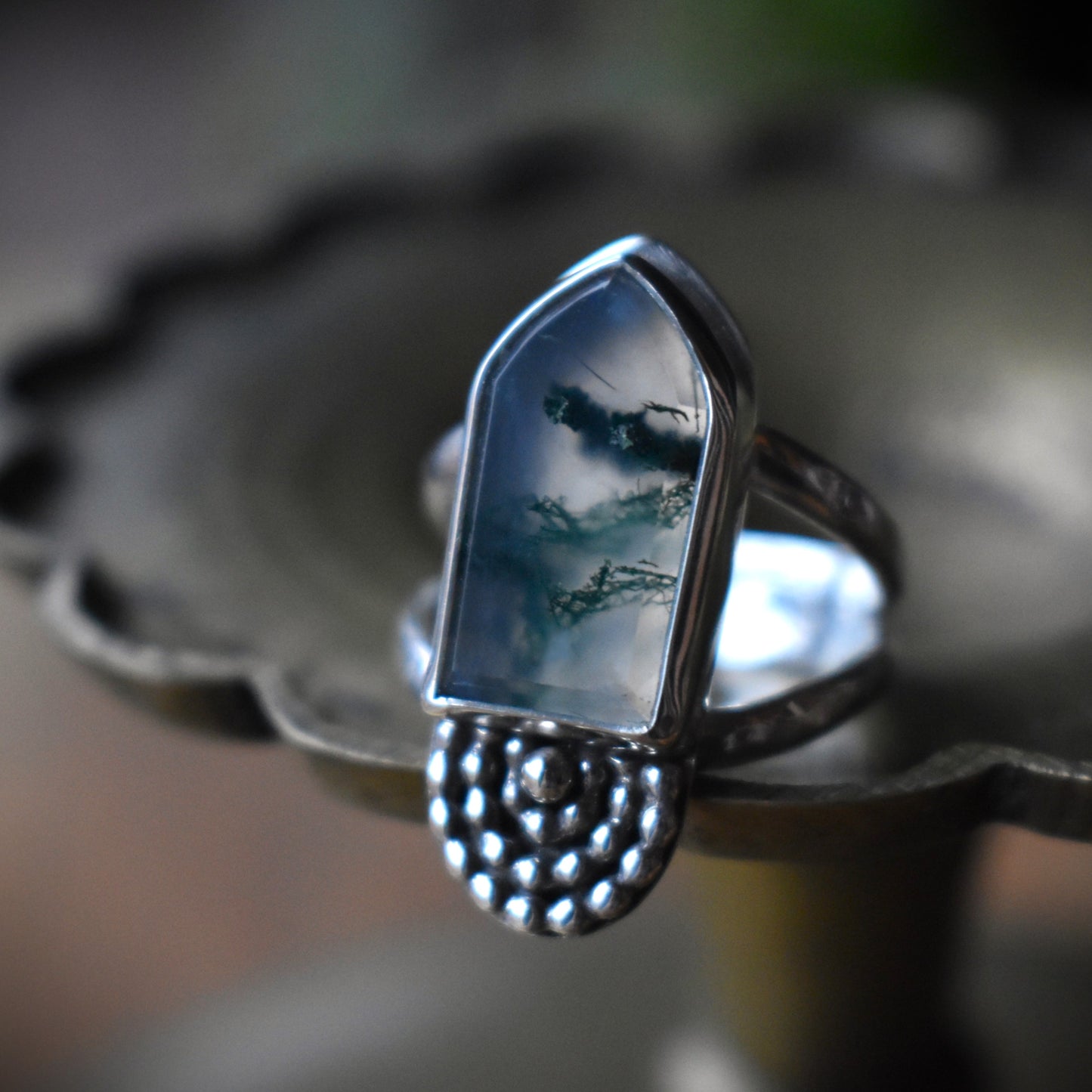 Moss Agate Stepped Cathedral Ring - size 8.5